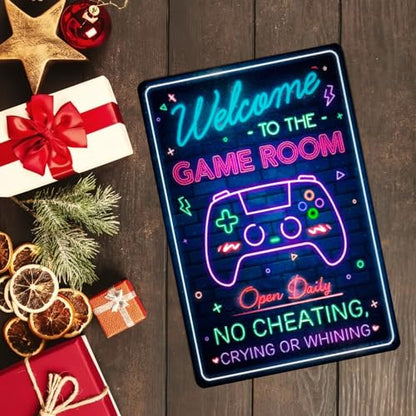 Funny Rinted Neon Gaming Metal Poster for Gaming Room Wall Door Decor for Teen Boy Boyfriend Welcome To The Game Room Sign 8 x 12 Inches