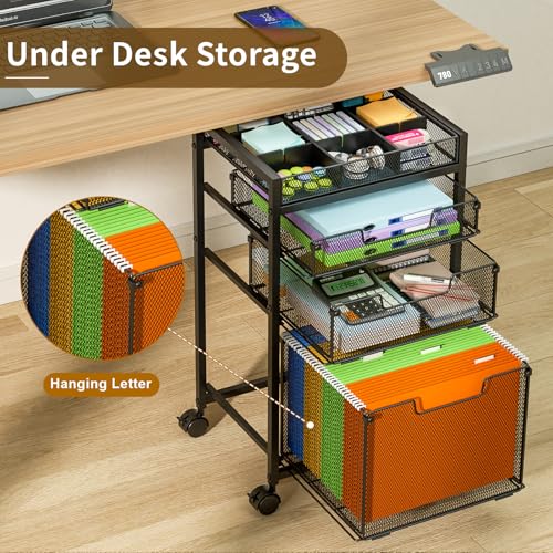 Rolling File Cart with 3 Storage Drawers, Under Desk Filing Cabinet with DIY Divider, Hanging File Folder Organizer on Wheels, Fits A4/Letter Size, Metal Utility Cart for Home Office, Black - color: Black, size: 3 Drawers