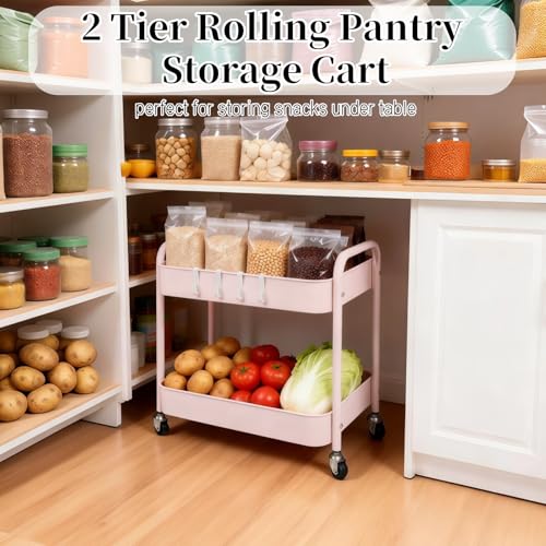 2 Tier Pink Rolling Cart with Wheels for Under Desk Storage, Large Capacity Rolling Pantry & Kitchen Storage Cart for Small Space, Sturdy Metal Bathroom Shelf Laundry Room Organization - color: Pink, size: 2-tier