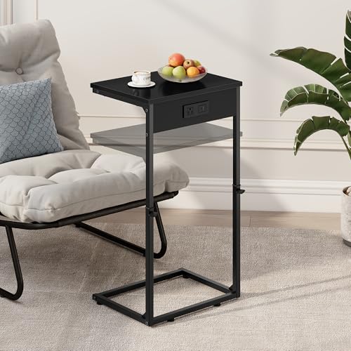 Vagusicc C Shaped End Table with Charging Station, Adjustable Height Side Table for Couch,Small Side Table Small Spaces, 33.2'' Tall Couch Tables that Slide Under, Tv Tray Table for Living Room, Black - color: Black (1 Pack), style: With Plug
