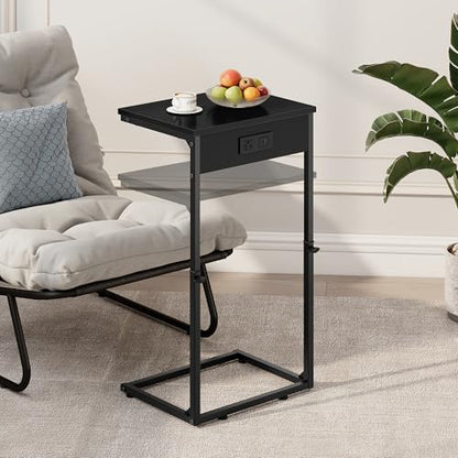 Vagusicc C Shaped End Table with Charging Station, Adjustable Height Side Table for Couch,Small Side Table Small Spaces, 33.2'' Tall Couch Tables that Slide Under, Tv Tray Table for Living Room, Black - color: Black (1 Pack), style: With Plug
