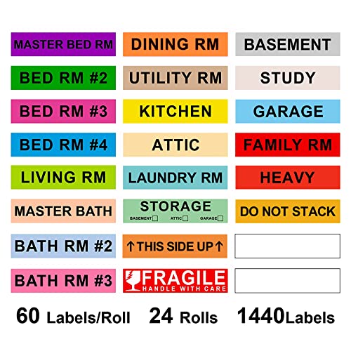 1440 Count Home Moving Labels,24 Rolls Different Color Coding Moving Labels for Boxes Stickers + Fragile Moving Stickers + 2 Blank Label roll is for Customized use - color: Moving - 24 Colors