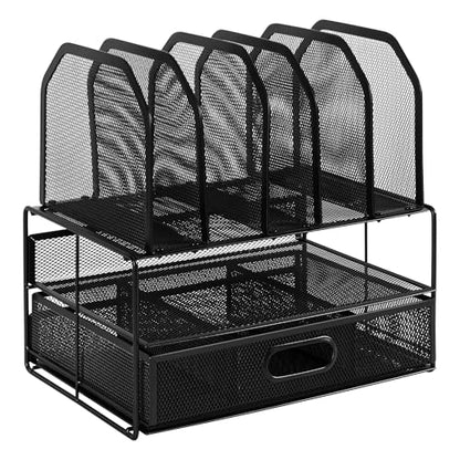 Amazon Basics Mesh Desk Organizer with Sliding Drawer, Double Tray and 5 Upright Sections, File Holder for Office Supplies, Paper Letter Tray, Black