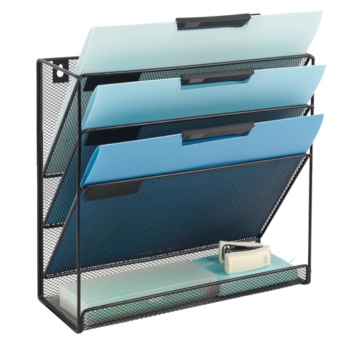 EASEPRES Desk File Organizer Mesh 4-Tier, Hanging Wall Mount Document Organization Stand, Desktop Vertical Mail Paper Folder Holder Rack with Bottom Tray for Office Home Cubicle Countertop, Black - color: Black, size: 4 Tier