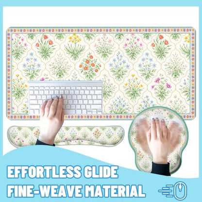 Cute Cat Desk Mat Set Purple Floral Kawaii Cartoon Large Mouse Pad with Wrist Rest 4in1 Desk Mat for Desktop Ergonomic Keyboard Wrist Support Anti-Slip Computer Ergonomic Mouse Pad Home Office Gaming - color: Cute Cat