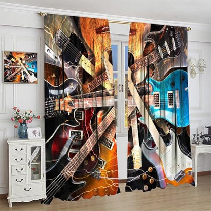 Colourful Guitar Theme Window Curtain, Electronic Musical Instruments Rock Music Art Window Curtain for Bedroom Living Room 42" W X 45" L(No Blackout) - color: Music-1, size: 20.5"W x 45"L (Pack of 2)