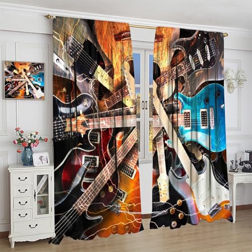 Colourful Guitar Theme Window Curtain, Electronic Musical Instruments Rock Music Art Blackout Window Curtain for Bedroom Living Room 42" W X 45" L - color: Music-1, size: 21"W x 45"L (Pack of 2)