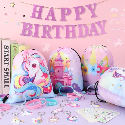 SNLN 12 Sets Unicorn Party Favors Birthday Supplies for Girls Kid, Drawstring Bag Silicone Bracelet Tattoo Sticker Keychain Goodie Bag Stuffer Filler Unicorn Birthday Decorations Girls Party Favors - style: Unicorn