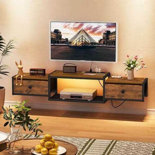 Snughome Floating TV Stand with Power Outlet 55", Wall Mounted Entertainment Center with LED Lights, Floating TV Shelf with Drawer, Wall Mounted Media Console Shelf for Living Room, Bedroom - color: Rustic Brown, size: 55.12" x 11.02" x 6.5"