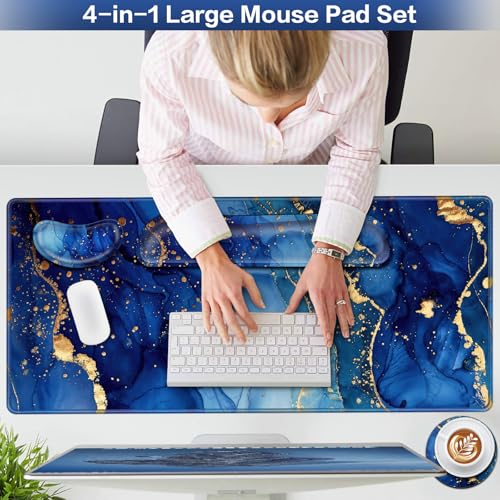 Desk Mat Blue, Large Gaming Mouse Pad with Wrist Rest, 4in1 XXL Mousepad+Keyboard Wrist Rest+Mouse Pad Wrist Support+Cup Coaster Set Ergonomic Computer Desk Arm Wrist for Decor Home Office Women - color: Gold Blue Marble