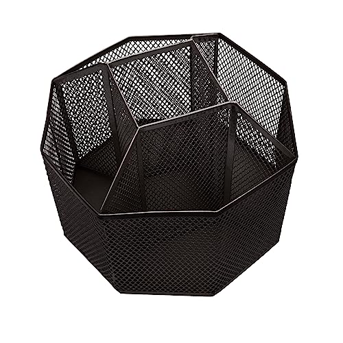 Annova Mesh Desk Organizer Rotate with 5 Compartments Spinning Tidy Candy/Pen Holder Office, Art Supply, Storage, Classroom, Home (Black) - color: Black