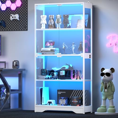 knoworld Display Cabinet with Glass Doors, 63" Tall Curio Cabinet with Human Sensor RGB LED Lights, 4-Tier Glass Display Case with 15mm Thick Shelves for Action Figures, Collectibles, Books - White - color: White1