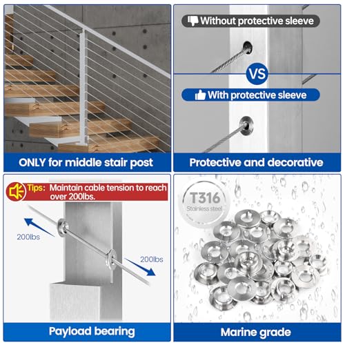 Muzata 40 Pack 1/8" 30 Degree Angle Wheel Cable Railing Grommets ONLY for Angle 1/8" 5/32" 3/16" Wire Rope T316 Stainless Steel Protector Sleeves Deck Cable Railing Hardware Kit Metal Posts CR79 - size: 40P, style: Silver For Stairs