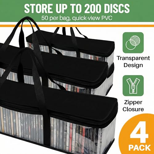 Evelots CD Storage Bags (4 Pack) Clear PVC Plastic Media Carrying Case with Zipper - Holds 200 CDs Total - Strong Handles - Protects CDs, Video Games, Music from Dirt & Moisture - size: 4-Pack (Holds 200), style: CD Storage Bag