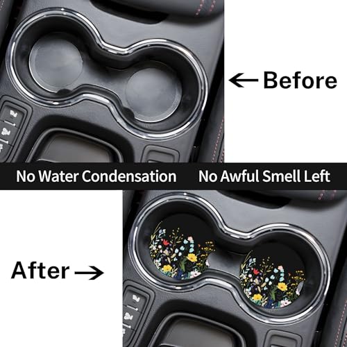 Wild Flowers Car Cup Holder Coasters 2 Pack Universal 2.63 Inch Anti Slip Ceramic Absorbent Coaster with Cork Base and Finger Notch Cute Car Accessories Interior for Women - color: Green