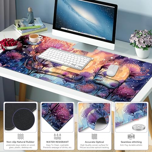 4 in 1 Large Mouse Pad, Keyboard Wrist Rest Set, Ergonomic Mouse Pad with Wrist Support, Desk Mat with Stitched Edges, Extended Desk Pad Waterproof Desk Mat for Home Office I Blossom Purple Flower - color: Blossom Purple Flower