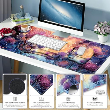 4 in 1 Large Mouse Pad, Keyboard Wrist Rest Set, Ergonomic Mouse Pad with Wrist Support, Desk Mat with Stitched Edges, Extended Desk Pad Waterproof Desk Mat for Home Office I Blossom Purple Flower - color: Blossom Purple Flower