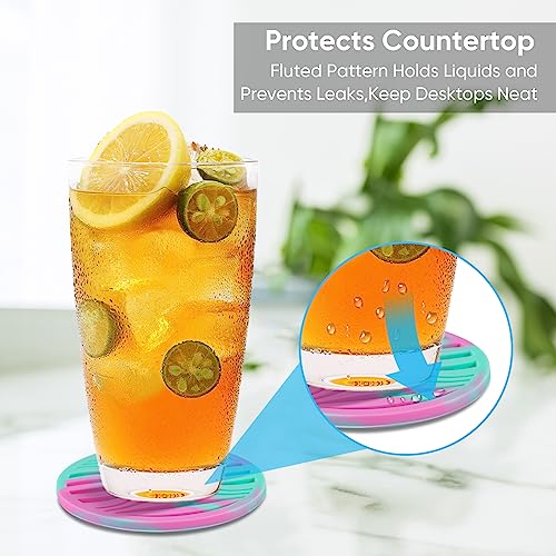 6 Pack Rubber Drink Coasters Plastic Coaster with Holder, Silicone Cup Mat | Coasters for Drinks Non-Stick Outdoor Plastic Coasters Set Thickened Hot- Cold Drink Fits Any Cups Table Rubber Glass Coaster - color: Green Pink-plastic Holder