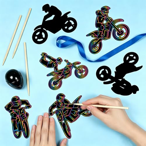 LUUFILx 80 Pcs Dirt Bike Scratch Cards Birthday Party Decorations Colorful Rainbow Scratch Paper Art with Wooden Stylus for Birthday Party Classroom DIY Activities - style: Dirt Bike