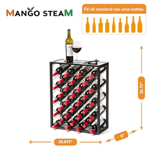 Mango Steam 32 Bottle Wine Rack with Black Glass Top Shelf, Free Standing for Home, Kitchen and Bar - color: Black, size: 32 Bottle