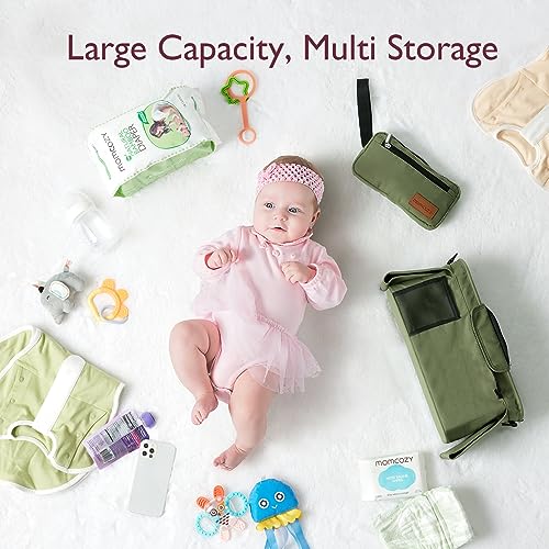 Momcozy Universal Baby Stroller Organizer, 2 Insulated Cup Holder, Detachable Zippered Pocket, Adjustable Shoulder Strap, Large capacity for baby essentials, Compact Design Fits Any Strollers - color: Green