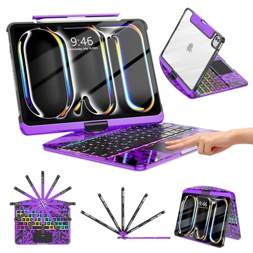 TSQQST Clear Wireless Keyboard Case for iPad Pro 11 Inch (M5/M4) 2025/2024 with Pencil Holder & Multi-Touch Trackpad, Visible PCB, 3-Brightness & 7-Color Backlight, 360° Rotating Stand, Purple - color: Clear+Purple, size: Pro11 M5/M4