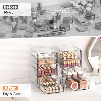 Makeup Drawer Storage Organizer with 13 Drawers, 3 Set Acrylic Office Desk Organization and Storage, Dustproof Drawer Organizer for Makeup, Office, Countertop, Jewelry, Pen, Desktop, Bathroom, Bedroom - size: 13 Drawers