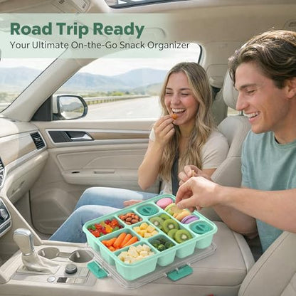 Snackle Box Container for Adults with 10 Compartment, Divided Serving Tray with Lid and Handle and 2 Sauce Containers, Portable Snack Box Container for Charcuterie Party Travel, Green - color: Green