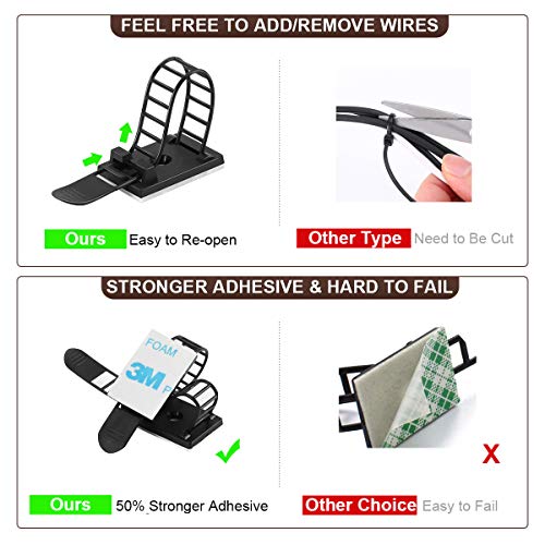 100Pcs Adhesive Cable Management Clips with 50Pcs Zip Ties, Adjustable Nylon Cable Strap Ties Wire Clips Clamps Organizer with Strong Adhesive Tape, Extra Screw & Hole - 3.55 Inch Black - color: Black, size: L-100pcs
