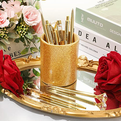 Sabary 8 Pcs Gold Pens with Pen Holder for Desk Glitter Crystal Diamond Cute Ballpoint Fancy Pencil Holder Bling Desk Organizer for Women Girls School Office Supplies Wedding Graduation Gifts - color: Gold