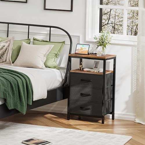 Huuger Nightstand with Charging Station, 27.6 Inch End Table Bedside Table with USB Ports and Outlets, Fabric Drawers, Night Stand for Bedroom, Rustic Brown and Black - color: Rustic Brown and Black, size: 11.8"D x 15.7"W x 27.6"H (3 Drawers)