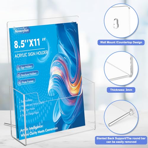 Acrylic Sign Holder, Clear Wall Mount & Desktop Brochure Display Stand | 4 Pack | 3mm Thick | Detachable Magnetic Rod | Fits Journals, Booklets, Document | For Hotel, Classroom, Office, Showroom - color: 4 Pack, size: 8.5*11 inch