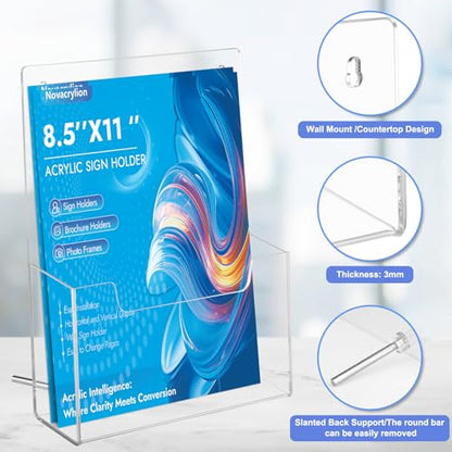 Acrylic Sign Holder, Clear Wall Mount & Desktop Brochure Display Stand | 4 Pack | 3mm Thick | Detachable Magnetic Rod | Fits Journals, Booklets, Document | For Hotel, Classroom, Office, Showroom - color: 4 Pack, size: 8.5*11 inch