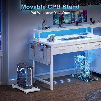 REAHOME 61 Inch Gaming Desk with Charging Station and LED Lights, Reversible Computer Desk with Storage Drawer and Monitor Stand, Modern Desk Table with File Cabinet & Side Pocket, Carbon Fiber White - color: Carbon Fiber White