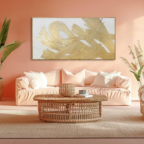 Gold Framed Canvas Art Abstract Wall Decor White Picture Decor 24"x48" Canvas Wall Art for Bedroom Oil Painting for Kitchen - color: Gold, size: 48"L x 24"W