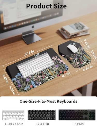 3-in-1 Ergonomic Keyboard Stand with Wrist Rest & Mouse Pad Set, Comfy Keyboard Riser Holder Soft Mousepad with Massage Design, Memory Foam and Non-Slip PU Base for Pain Relief, Flower - color: Black Flower
