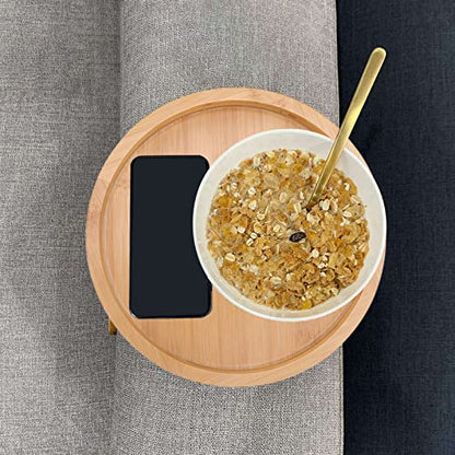 Tissting Wood Round Sofa Tray 9.65in x 4.72in - Clip on Side Table with Foldable Leg for Coffee, Tea, Snacks, Remote Controls, Living Room, Apartment, Dorm
