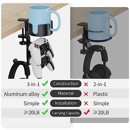 3 in 1 Desk Cup Holder with Headphone and Controller Stand, Universal Adjustable & 360° Rotating Clamp on Under Desk Headphone Hanger for Mugs, Headsets, Gamepads, Phone and Pen