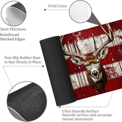 Deer Mouse Pad American Flag Rustic Patriotic Distressed Grunge Mousepad XL Large Gaming Mouse Pad Laptop Keyboard Mat Desk Pad for Office Desktops, Home Workstations, and Laptops 31.5x11.8 Inch - color: Deer