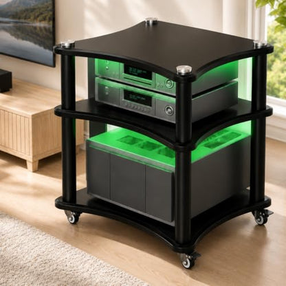 3-Tier AV Media Stand with LED Lights, Heavy Duty Mobile Stereo Cabinet Stand with Wheels, Wooden Stereo Rack, Audio Rack Furniture Perfect for DVD Player/Game Console (with Lights, 3 Tier) - color: With Lights, size: 3 Tier