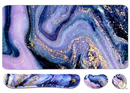 4-in-1 Large Gaming Mouse Pad and Keyboard Wrist Rest, Desk Pad for Keyboard and Mouse, Non-Slip Desk Mat for Home Office Study Game-Purple Marble - color: Purple Marble