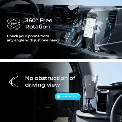 LISEN Cup Holder Phone Holder [No Shaking] Phone Holder for Car, 360° Adjustable iPhone Holder Car Accessories for Women Truck Jeep Golf for iPhone 17 Pro Max 16 15 14 Samsung S25 All 4-7'' Phone