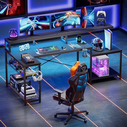 Bestier LED Gaming Desk with Power Outlets, 71 inch L Shaped Computer Desk with Monitor Stand, Large Desk with Printer Stand Adjustable Shelf, Cup Holder & Hooks, Home Office Desk Black | Carbon Fiber Desktop, 20 Static 22 Dynamic RGB Modes, Storage Rack,