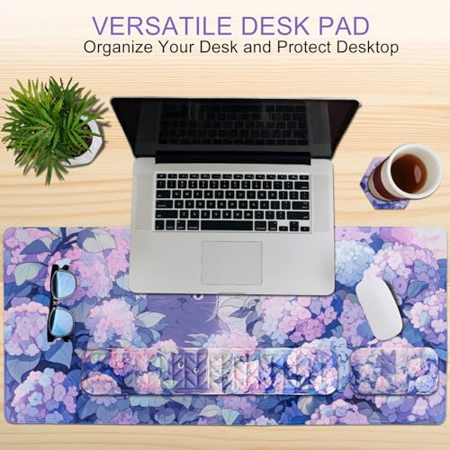 Petmolico Wrist Rest Set with Computer Keyboard Desk Pad,Mouse Wrist Rest,Keyboard Typing Wrist Pad and Cup Coasters,Ergonomic Design for Typing Pain Relief[Blue Flower&Cat] - color: Blue
