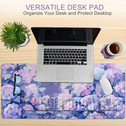 Petmolico Wrist Rest Set with Computer Keyboard Desk Pad,Mouse Wrist Rest,Keyboard Typing Wrist Pad and Cup Coasters,Ergonomic Design for Typing Pain Relief[Blue Flower&Cat] - color: Blue