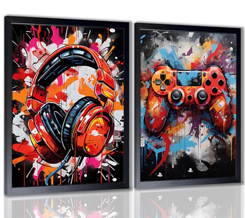 Gaming Wall Art Set of 2 Framed Canvas Prints, Gamer Room Decor with Gaming Headset & Video Game Controller, Modern Video Game Wall Decor for Teen Boys Bedroom Gaming Room Setup 12x16 Inch - color: youxi2lian, size: 16"L x 12"W