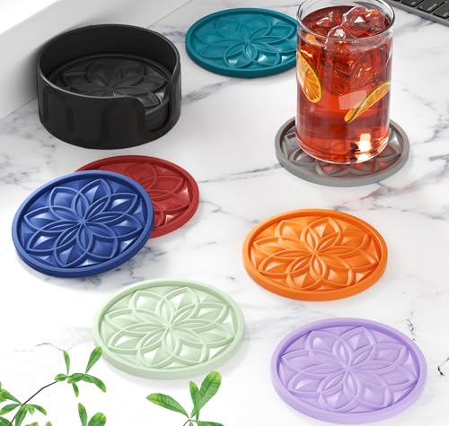 HFHOME Silicone Coasters Set With Holder - 6 Pack for Drinks, Coffee Table, Cup Mat, Desk, Bar - Tabletop Protection Gift - Navy Blue - color: Navy Blue
