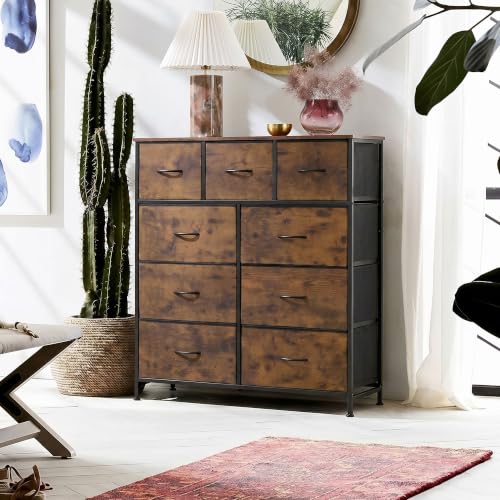 WLIVE 9-Drawer Dresser, Fabric Storage Tower for Bedroom, Hallway, Entryway, Closet, Tall Chest Organizer Unit with Fabric Bins, Steel Frame, Wood Top, Easy Pull Handle, Rustic Brown Wood Grain Print - color: Rustic Brown Wood Grain Print