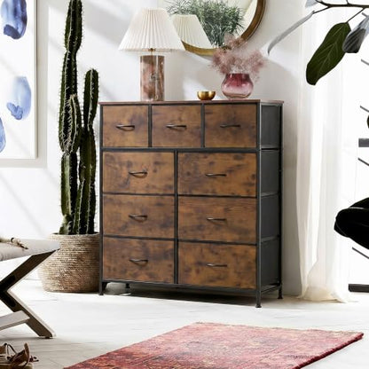 WLIVE 9-Drawer Dresser, Fabric Storage Tower for Bedroom, Hallway, Entryway, Closet, Tall Chest Organizer Unit with Fabric Bins, Steel Frame, Wood Top, Easy Pull Handle, Rustic Brown Wood Grain Print - color: Rustic Brown Wood Grain Print