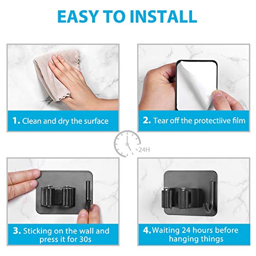 homeasy Mop Broom Holder No Drill, Mop Broom Organizer Wall Mounted Heavy Duty with Hooks Hanger, Self Adhesive Stainless Steel 6Pcs for Bathroom, Kitchen, Office (Black) - color: Black